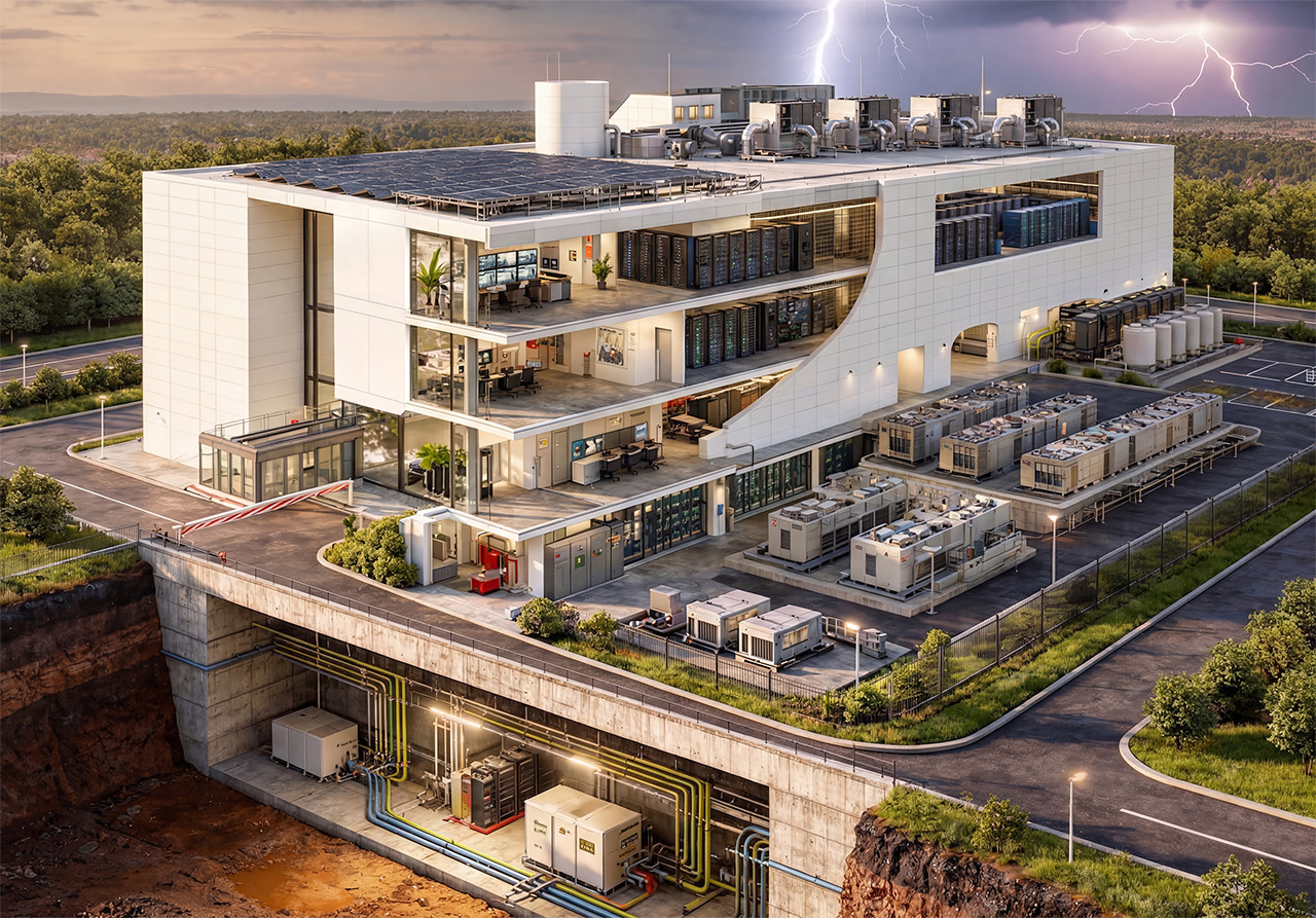 Data center floor plan &mdash; click numbered hotspots to explore each zone